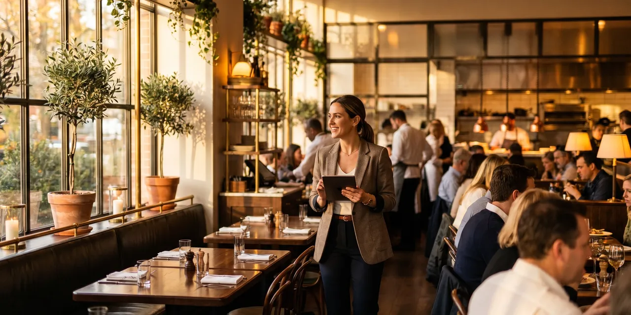 A restaurant manager holding a tablet oversees a busy upscale bistro dining room in warm window light