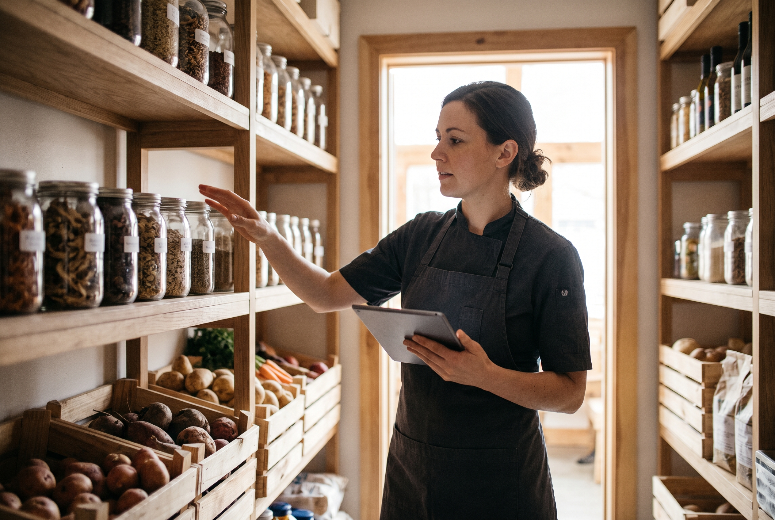 Chef with a tablet counting stock on shelves in a restaurant dry store room in soft daylight.