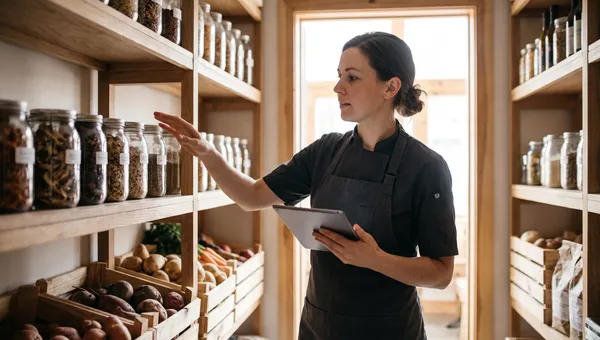 Chef with a tablet counting stock on shelves in a restaurant dry store room in soft daylight.