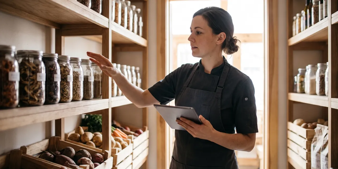 Chef with a tablet counting stock on shelves in a restaurant dry store room in soft daylight.