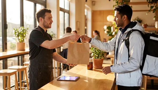 Restaurant owner handing a packed takeaway order to a delivery courier at a bistro pickup counter in warm window light.