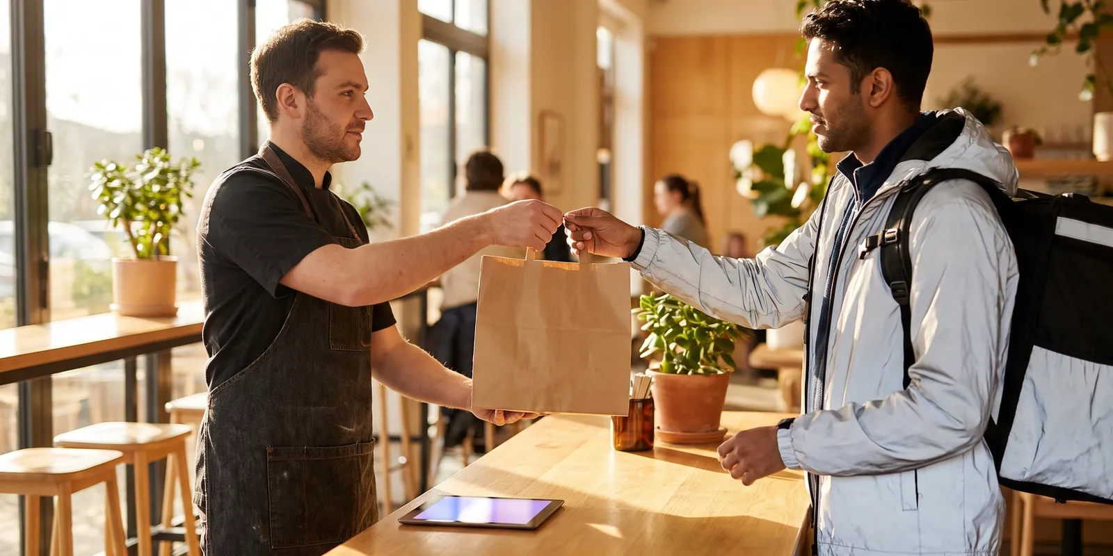Restaurant owner handing a packed takeaway order to a delivery courier at a bistro pickup counter in warm window light.