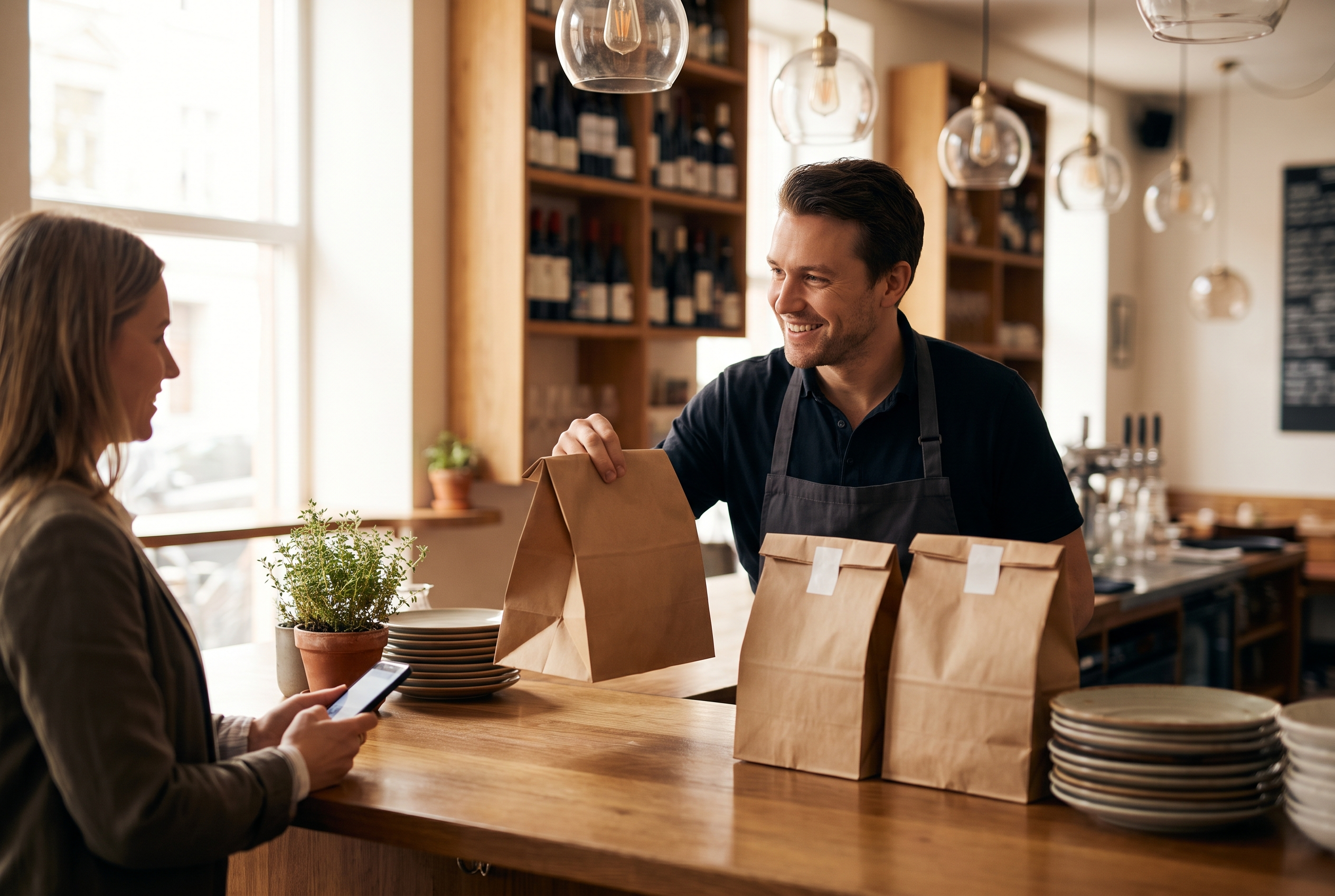 A smiling restaurant owner in an apron hands a packed brown paper takeaway bag across a wooden bistro counter to a customer holding a smartphone, with more sealed takeaway bags ready.