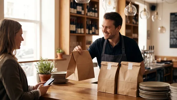 A smiling restaurant owner in an apron hands a packed brown paper takeaway bag across a wooden bistro counter to a customer holding a smartphone, with more sealed takeaway bags ready.