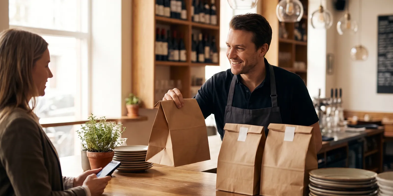 A smiling restaurant owner in an apron hands a packed brown paper takeaway bag across a wooden bistro counter to a customer holding a smartphone, with more sealed takeaway bags ready.