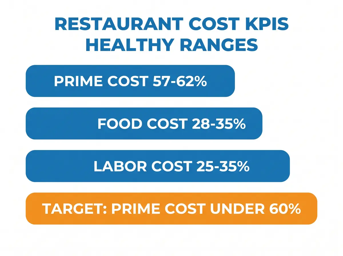 Range chart of healthy restaurant cost KPI benchmarks: prime cost 57 to 62 percent, food cost 28 to 35 percent, labor cost 25 to 35 percent of sales, with a target of keeping prime cost under 60 percent.
