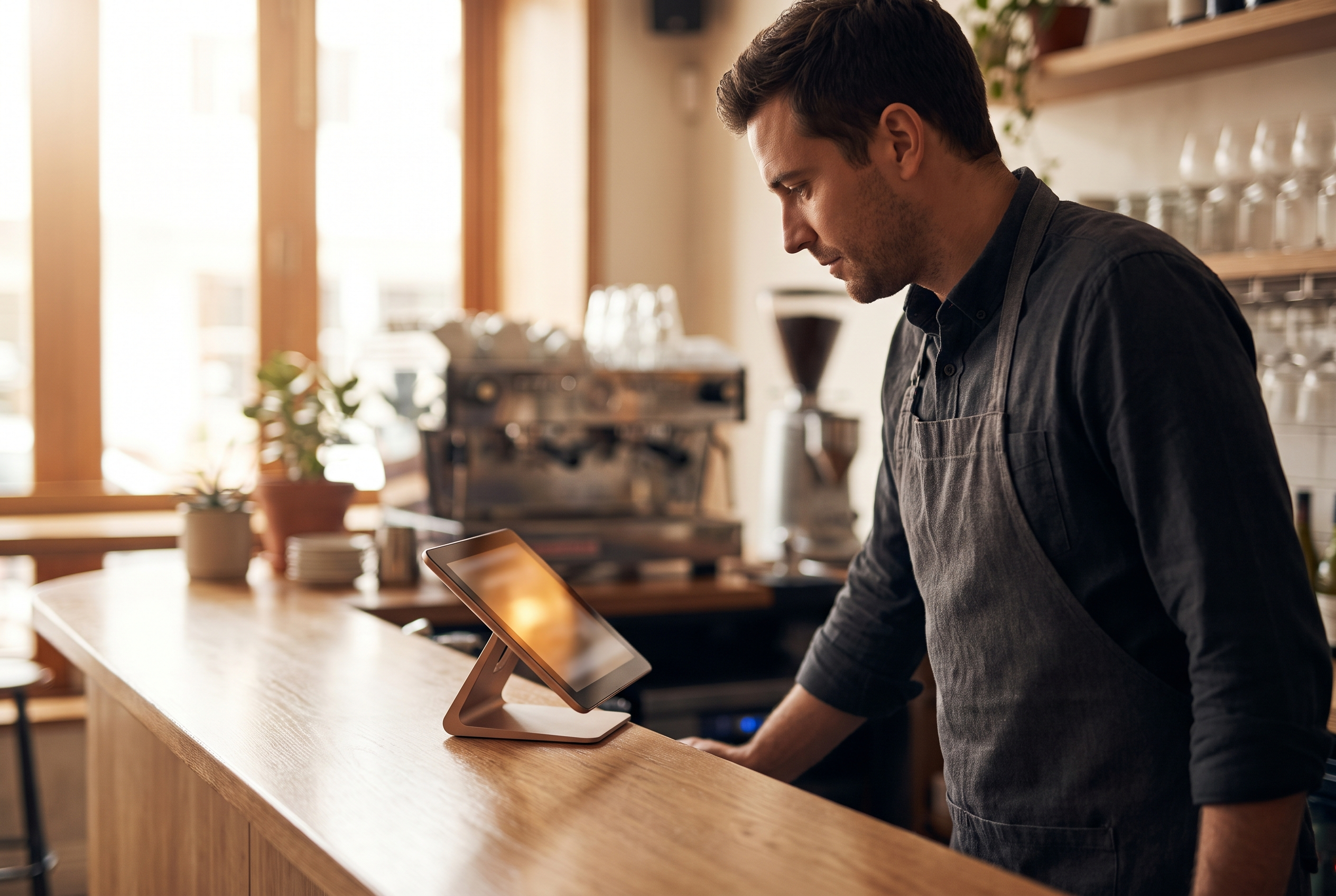 Restaurant manager checking a tablet point-of-sale terminal at the counter of a modern bistro