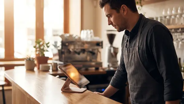 Restaurant manager checking a tablet point-of-sale terminal at the counter of a modern bistro