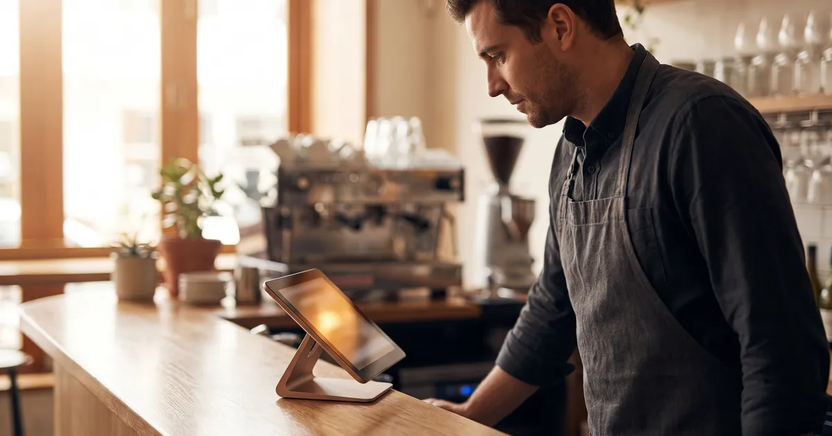 Restaurant manager checking a tablet point-of-sale terminal at the counter of a modern bistro