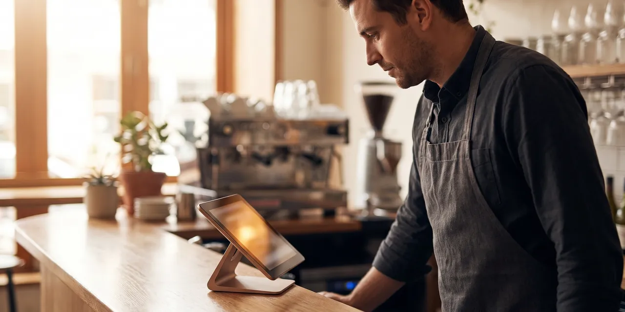 Restaurant manager checking a tablet point-of-sale terminal at the counter of a modern bistro
