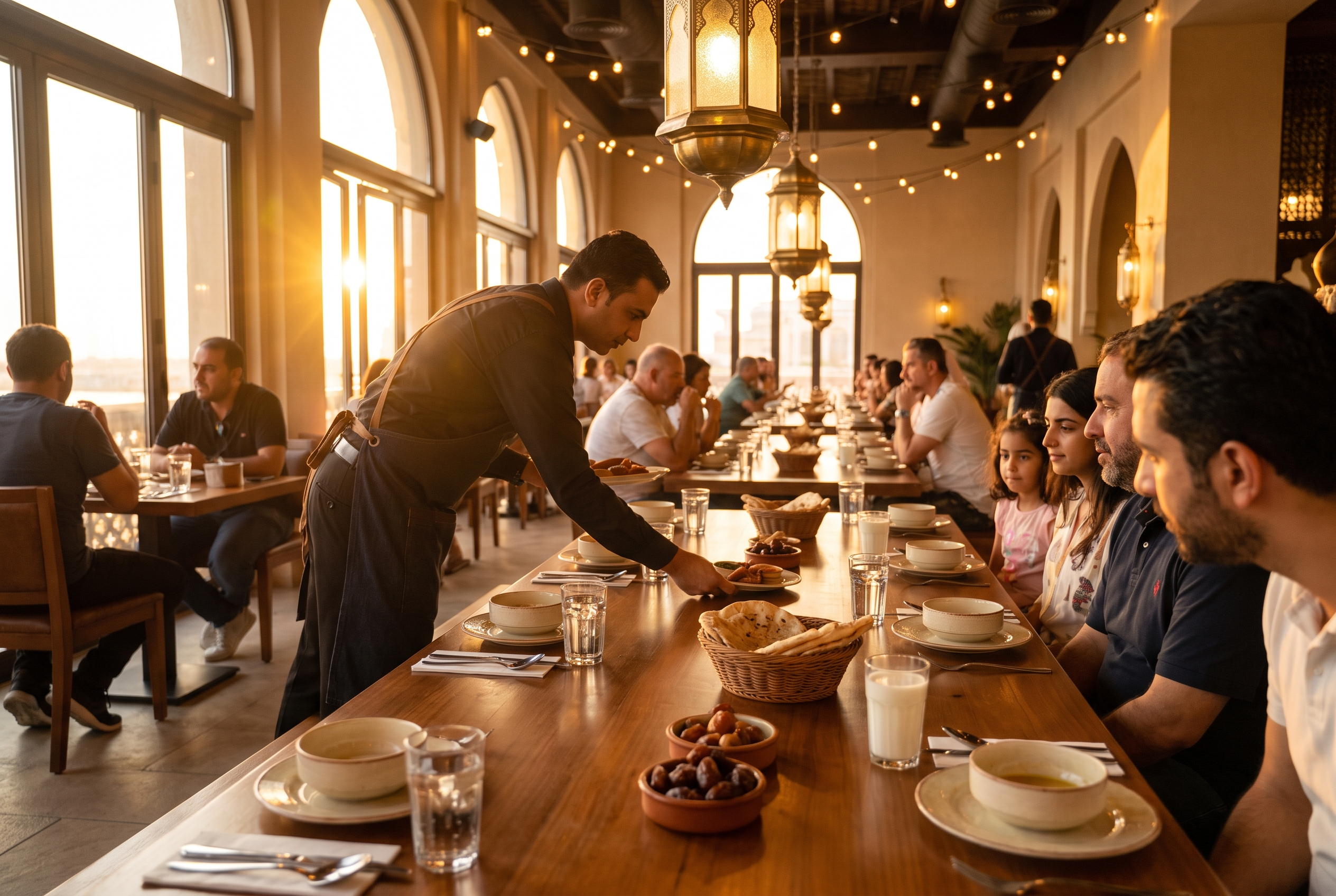 A server setting dates, laban, water and lentil soup on long tables in a lantern-lit Middle Eastern restaurant at sunset, minutes before iftar, with families waiting.