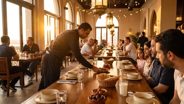 A server setting dates, laban, water and lentil soup on long tables in a lantern-lit Middle Eastern restaurant at sunset, minutes before iftar, with families waiting.