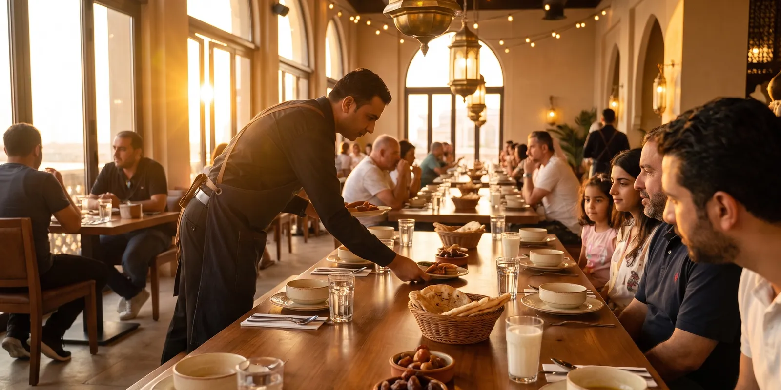 A server setting dates, laban, water and lentil soup on long tables in a lantern-lit Middle Eastern restaurant at sunset, minutes before iftar, with families waiting.
