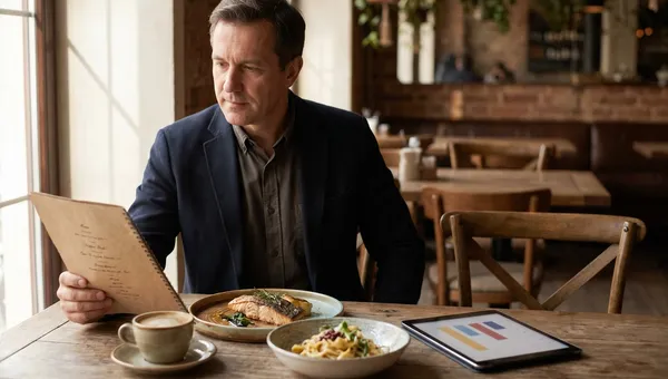 Restaurant owner reviewing a menu with plated dishes — menu engineering to boost profit