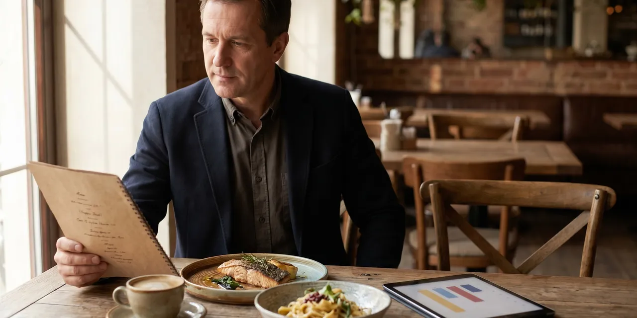 Restaurant owner reviewing a menu with plated dishes - menu engineering to boost profit