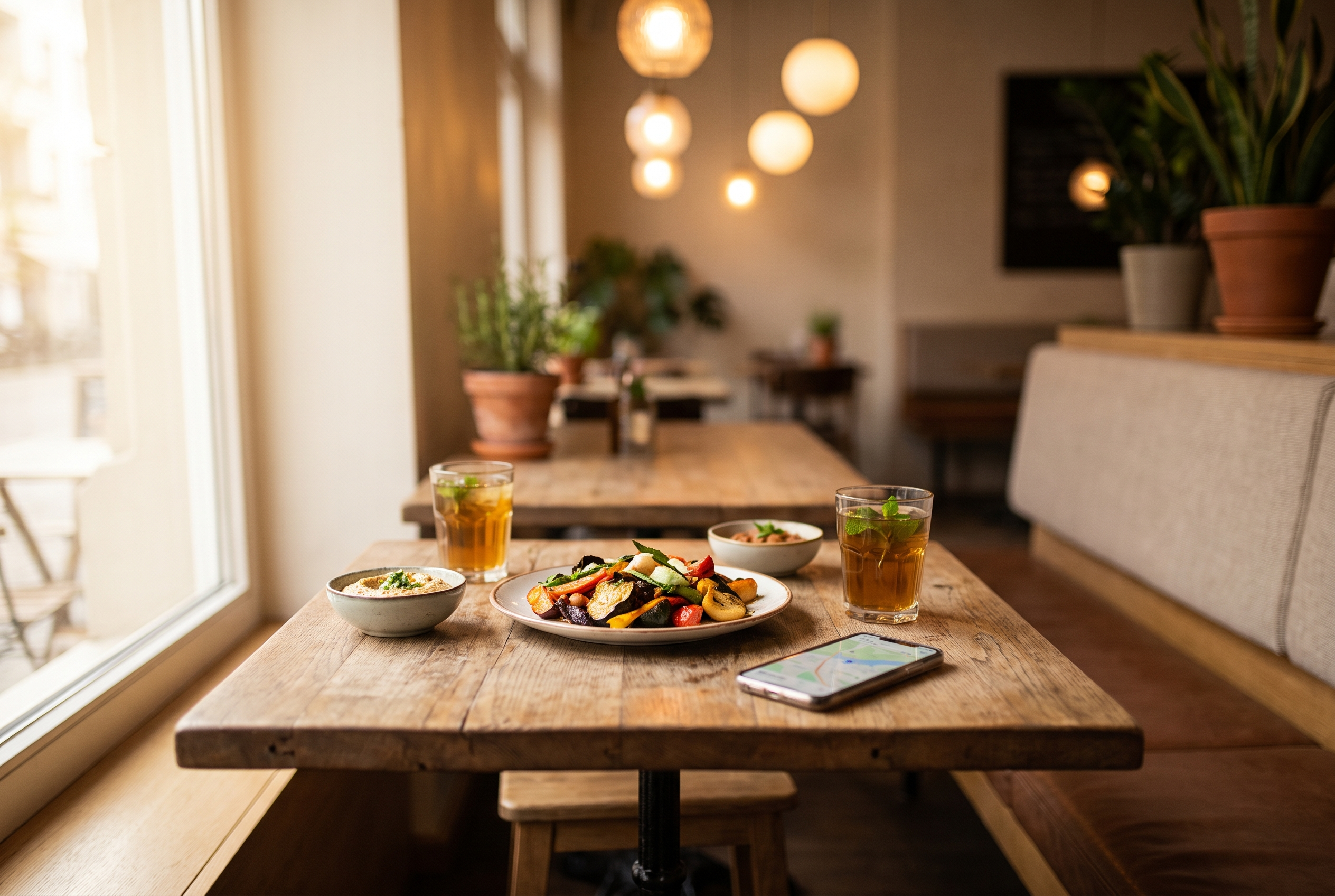Shared plates, side dishes and drinks on a warm bistro table with a phone beside them