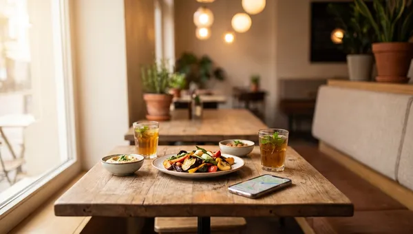 Shared plates, side dishes and drinks on a warm bistro table with a phone beside them
