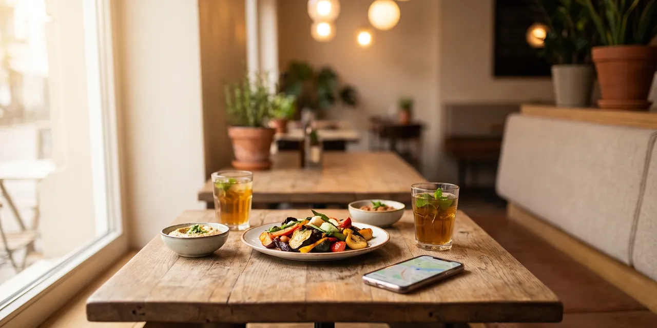 Shared plates, side dishes and drinks on a warm bistro table with a phone beside them