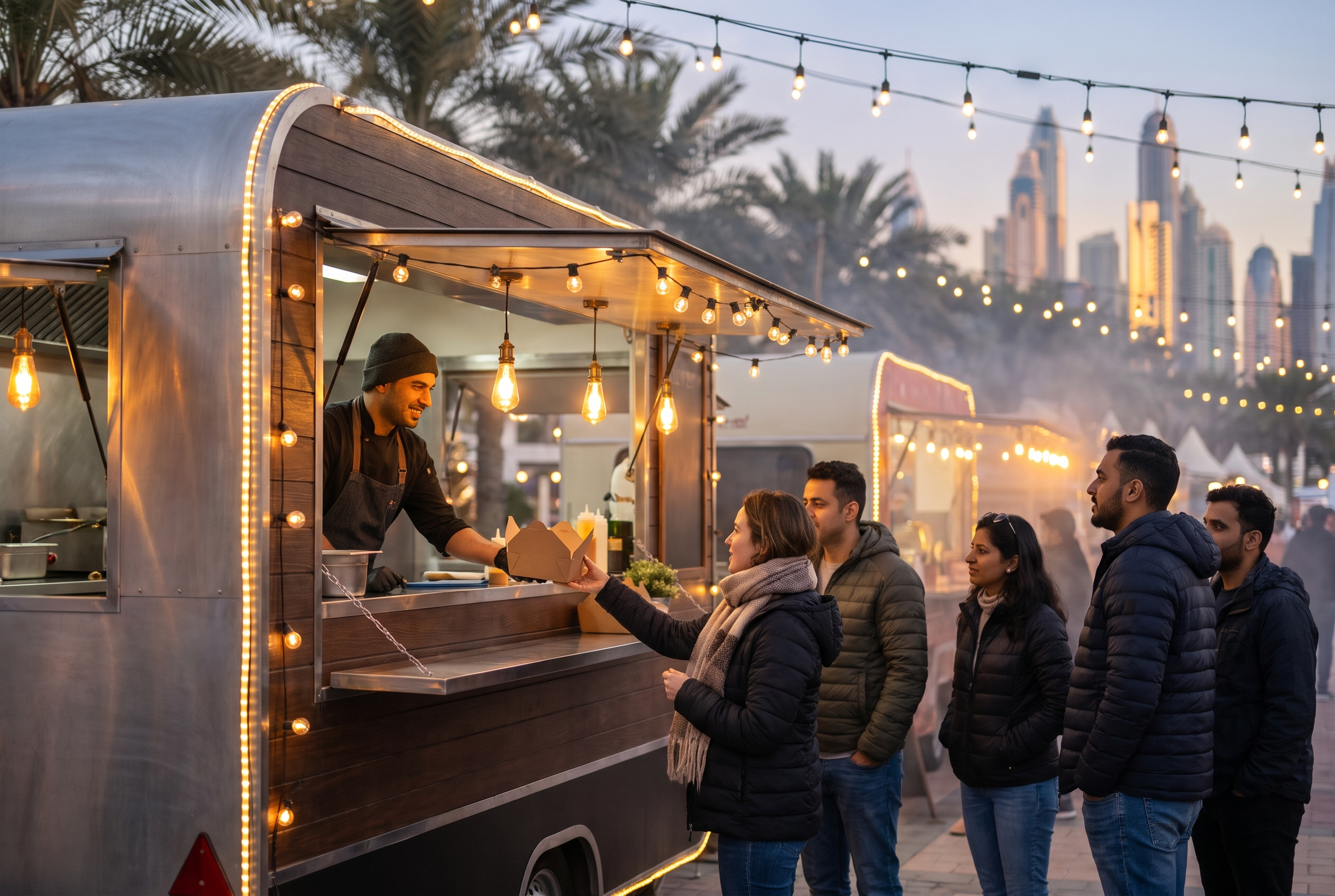 A food truck serving takeaway boxes to guests at an evening outdoor market in Dubai