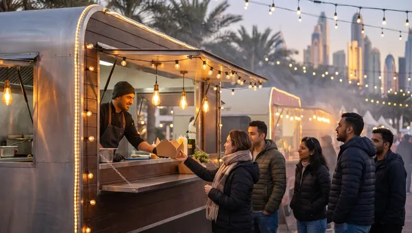 A food truck serving takeaway boxes to guests at an evening outdoor market in Dubai