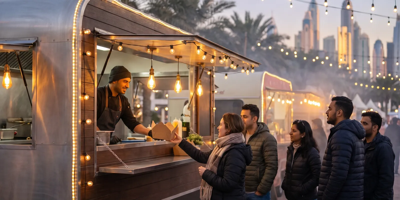 A food truck serving takeaway boxes to guests at an evening outdoor market in Dubai