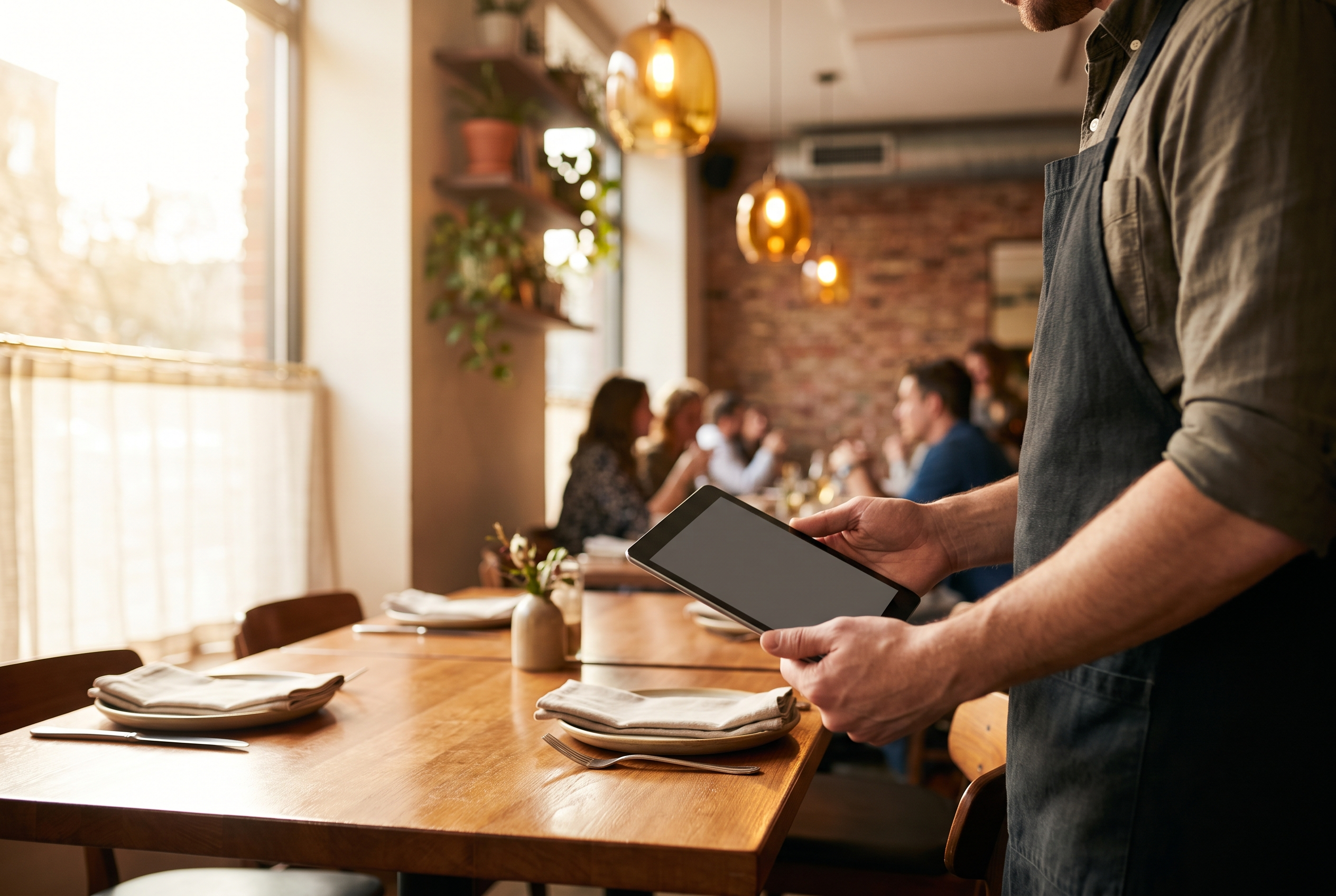 A restaurant server using a handheld tablet to manage digital orders in a warm, modern bistro.