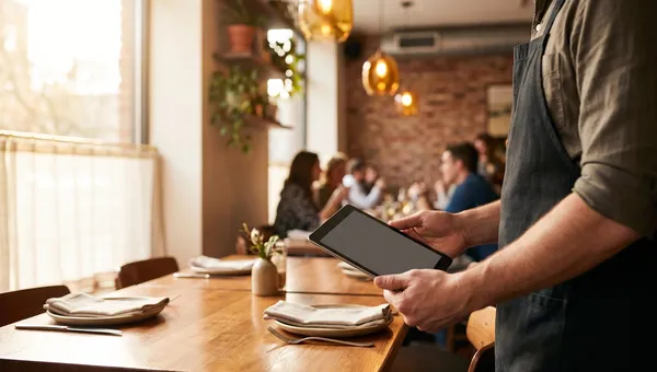 A restaurant server using a handheld tablet to manage digital orders in a warm, modern bistro.