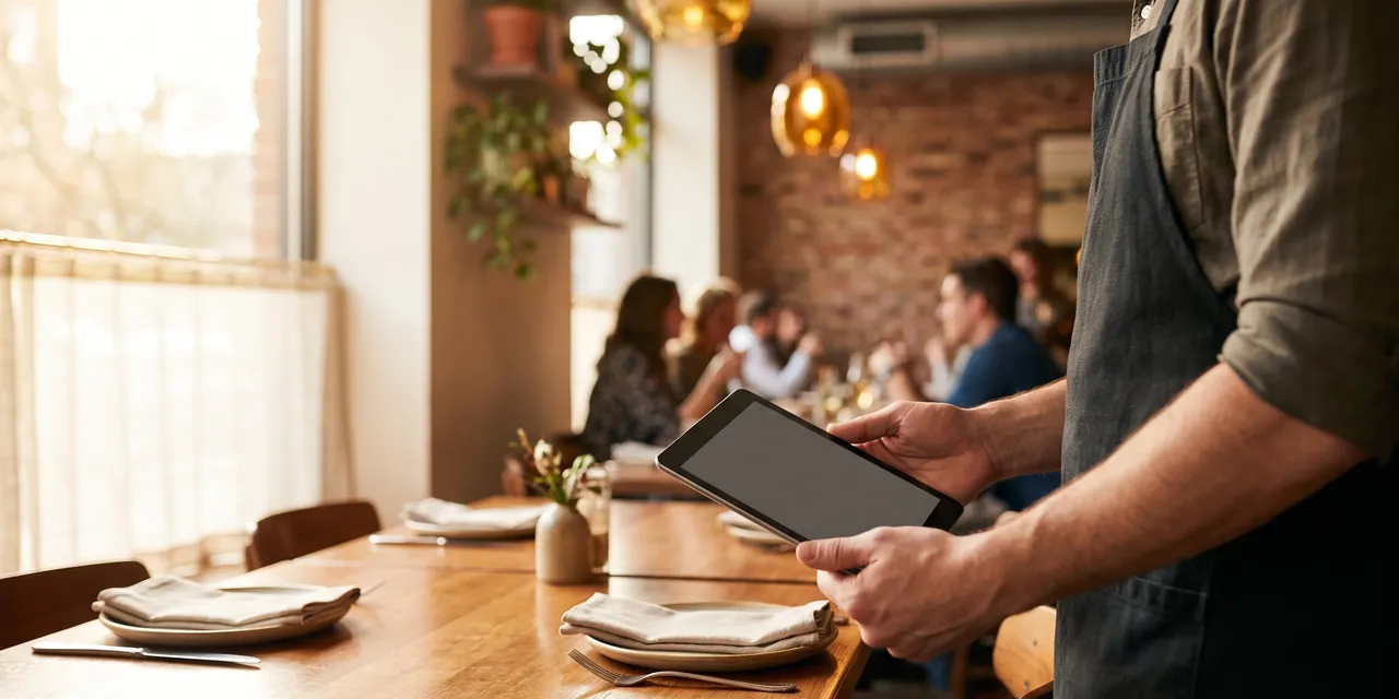 A restaurant server using a handheld tablet to manage digital orders in a warm, modern bistro.