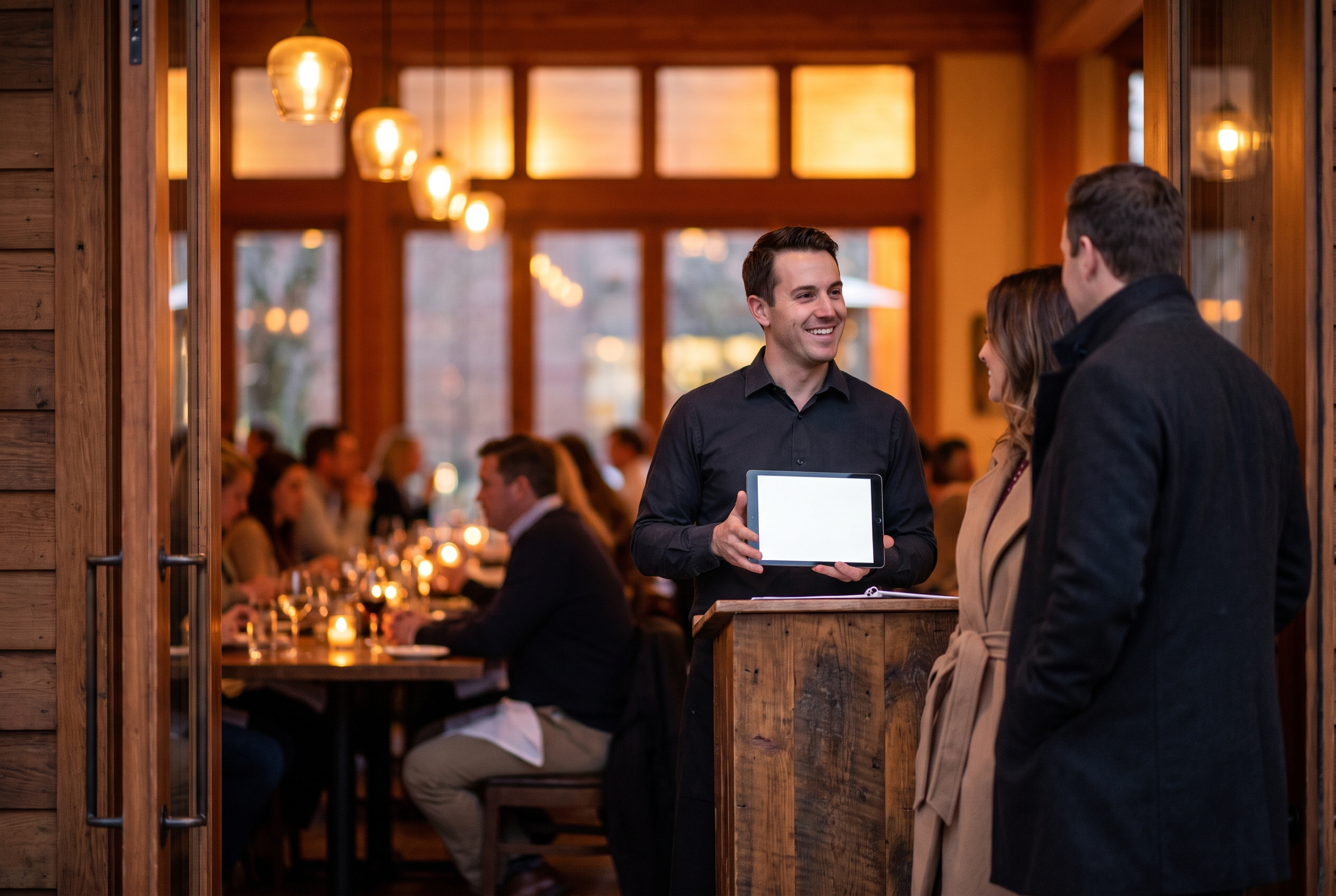 Restaurant host with a tablet at the host stand greeting two arriving guests in a warm dining room.