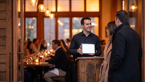 Restaurant host with a tablet at the host stand greeting two arriving guests in a warm dining room.