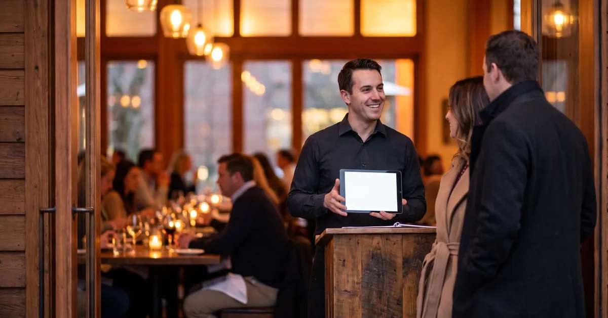 Restaurant host with a tablet at the host stand greeting two arriving guests in a warm dining room.