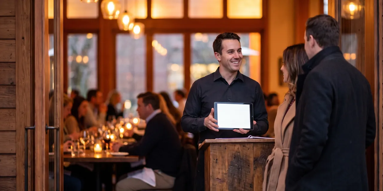 Restaurant host with a tablet at the host stand greeting two arriving guests in a warm dining room.