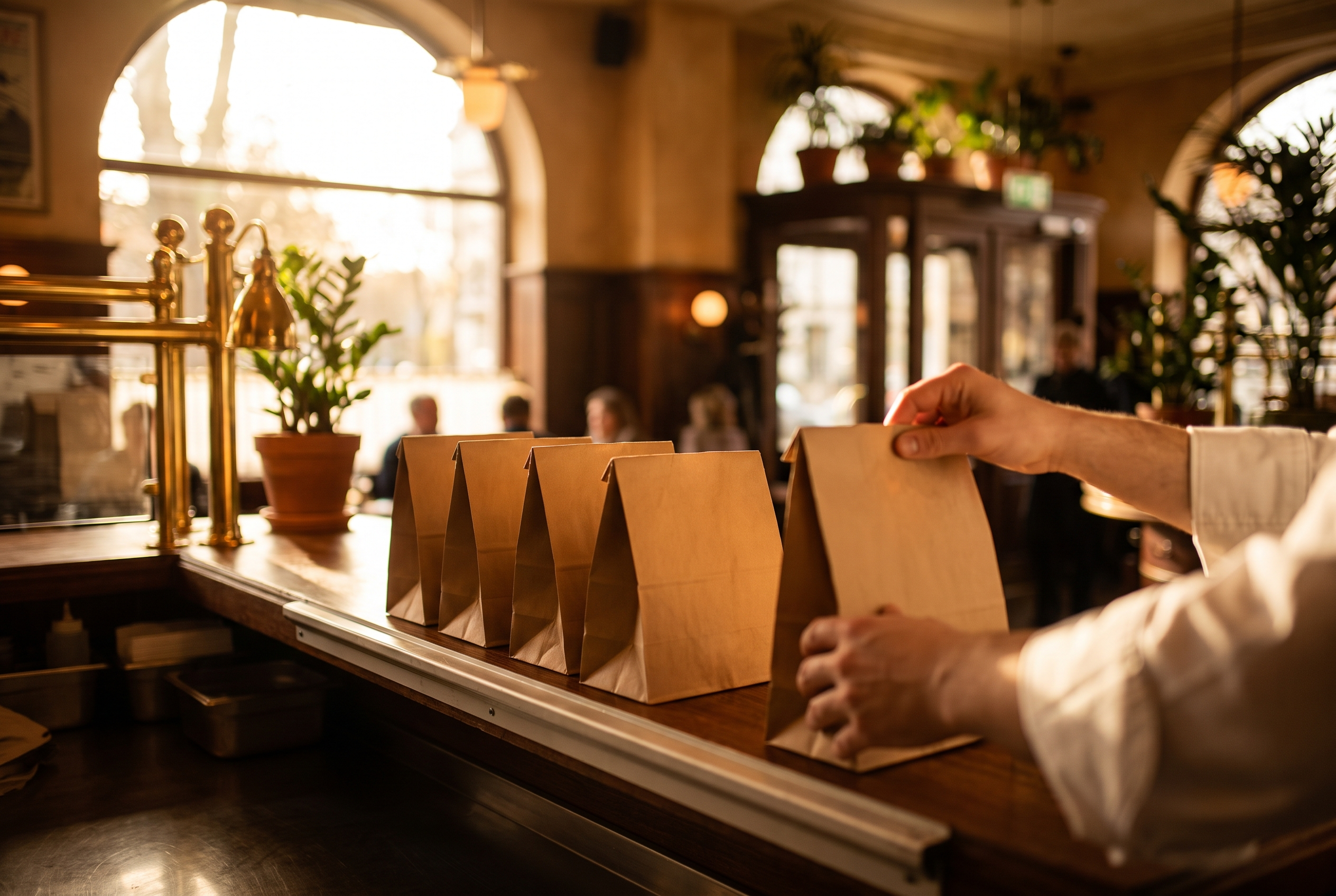Sealed takeaway bags lined up on a bistro pass, ready for a delivery rider pickup