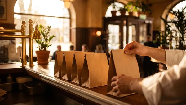 Sealed takeaway bags lined up on a bistro pass, ready for a delivery rider pickup