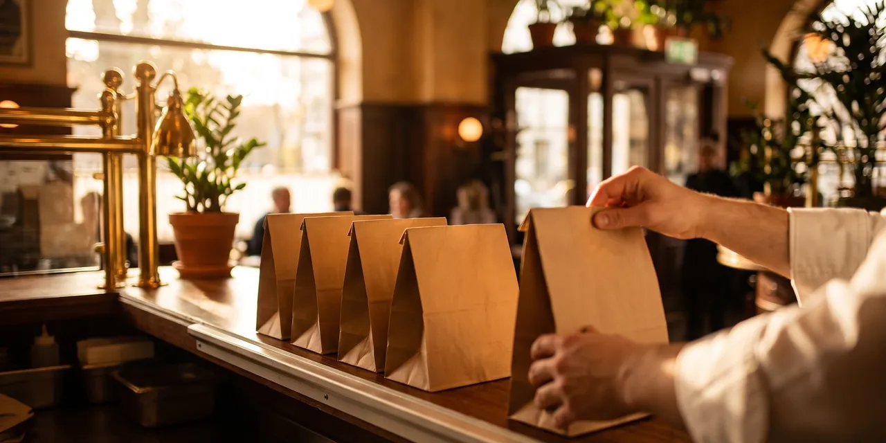 Sealed takeaway bags lined up on a bistro pass, ready for a delivery rider pickup