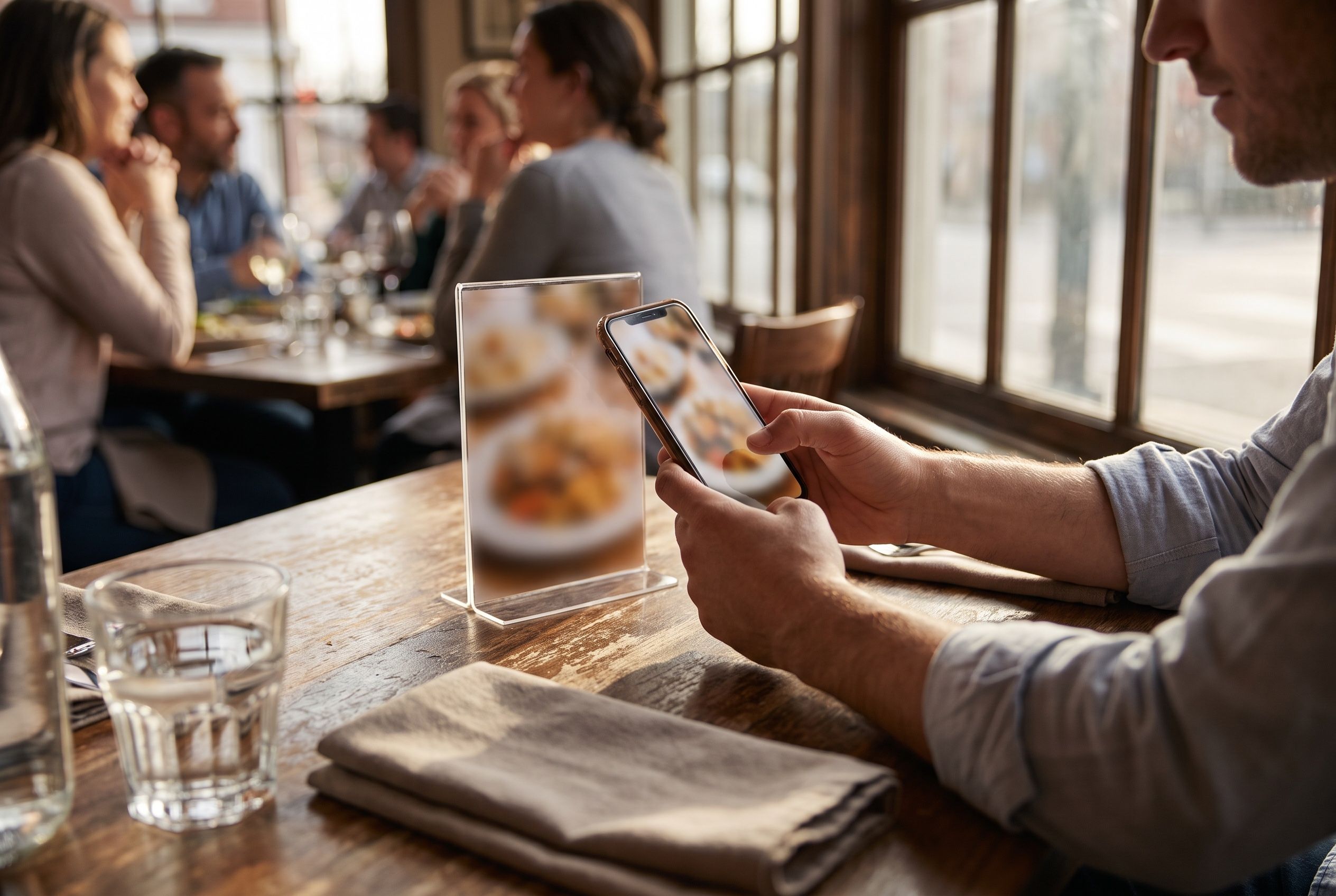 Guest scanning a QR code standee with a phone at a restaurant table to order