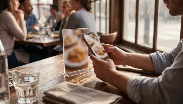 Guest scanning a QR code standee with a phone at a restaurant table to order