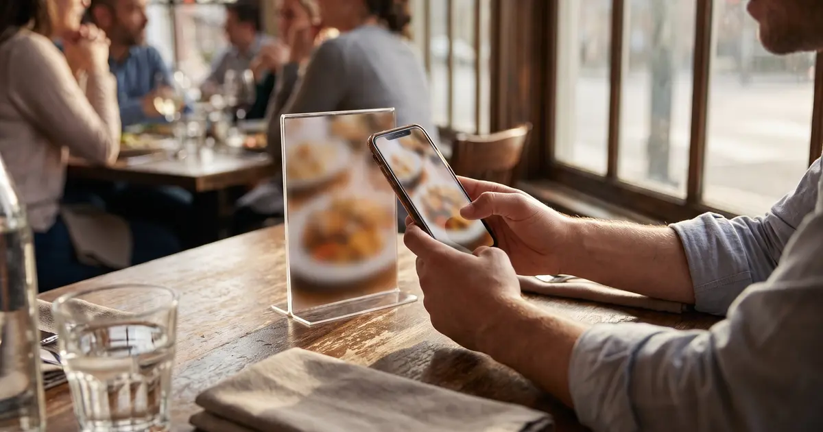 Guest scanning a QR code standee with a phone at a restaurant table to order