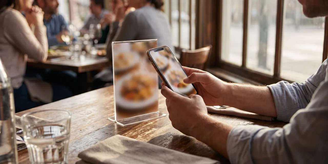 Guest scanning a QR code standee with a phone at a restaurant table to order