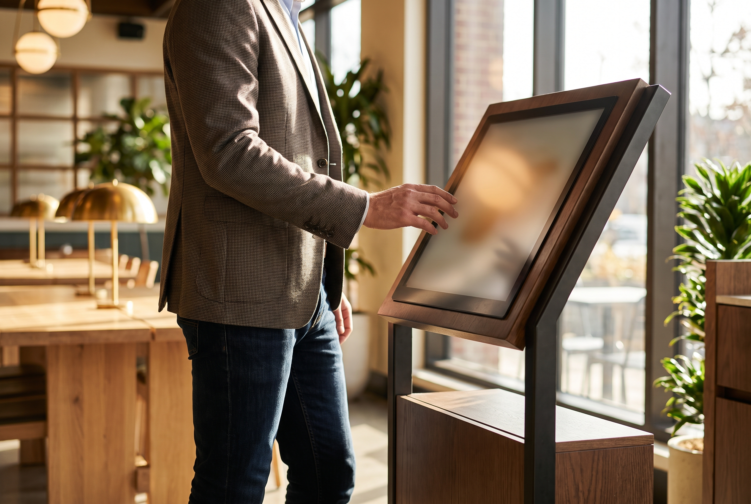 A restaurant guest using a freestanding self-ordering touchscreen kiosk in a warmly lit modern dining space.