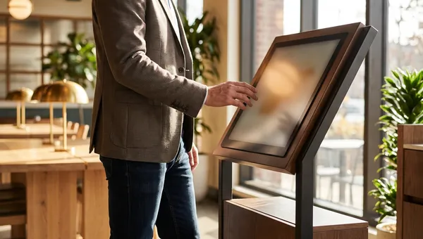 A restaurant guest using a freestanding self-ordering touchscreen kiosk in a warmly lit modern dining space.