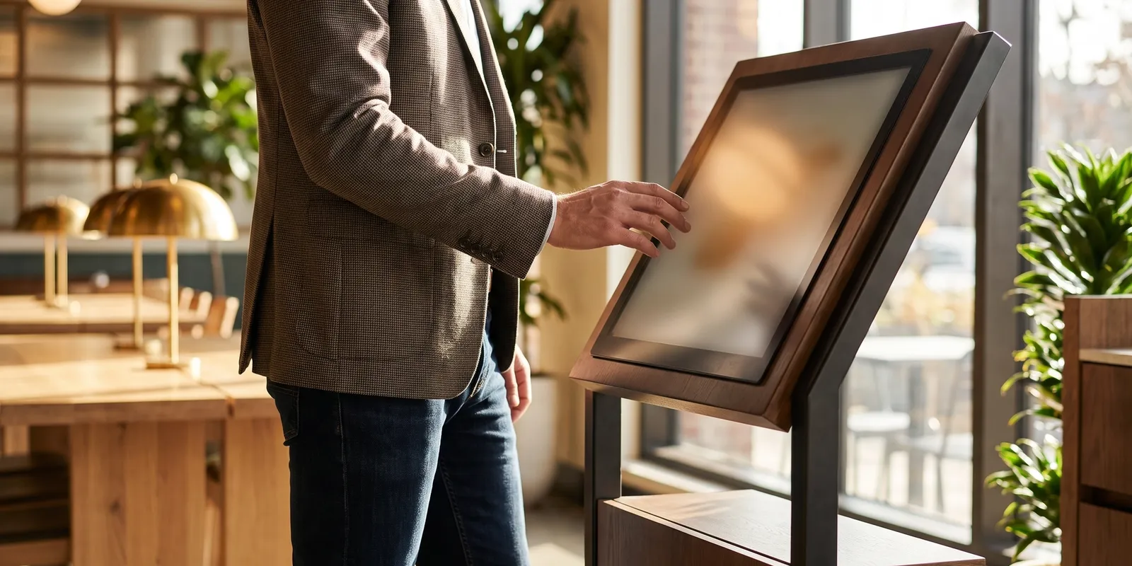 A restaurant guest using a freestanding self-ordering touchscreen kiosk in a warmly lit modern dining space.