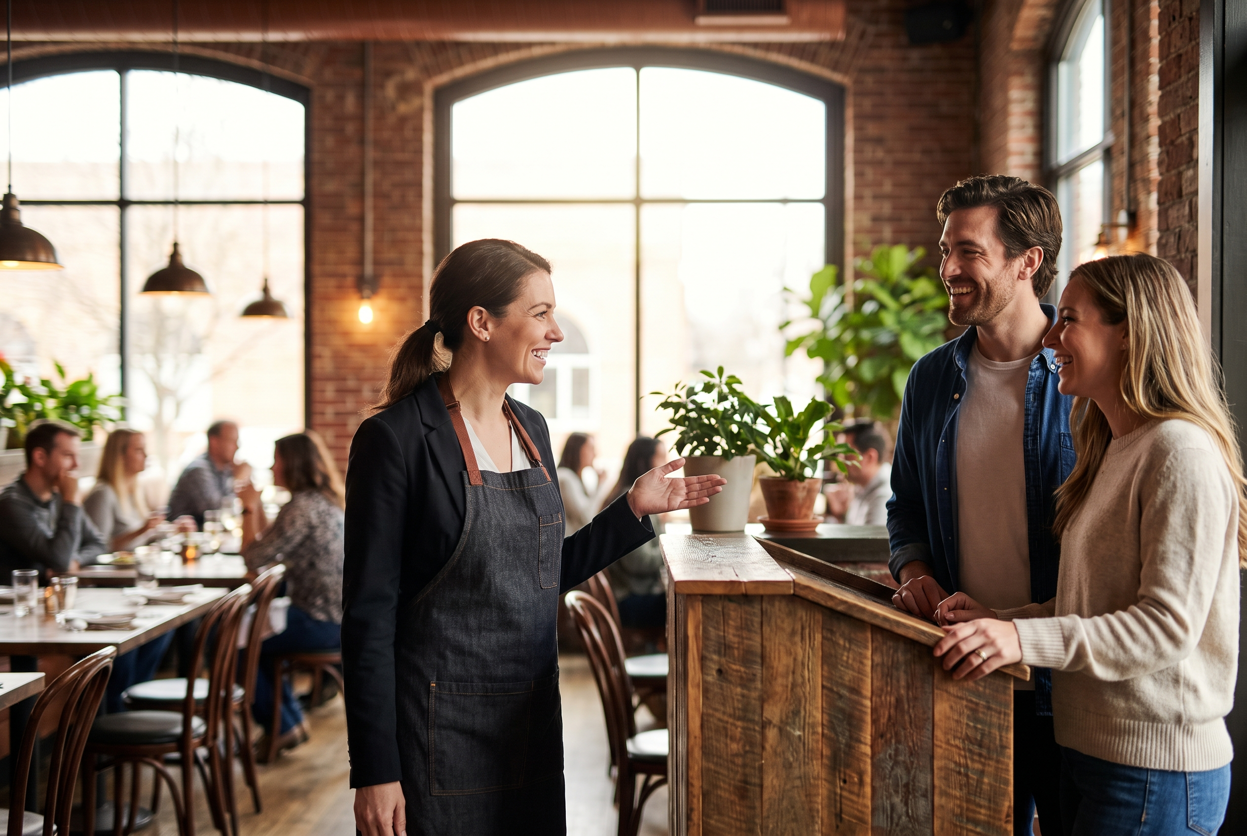 A smiling restaurant manager warmly welcomes two returning guests at the host stand of a warm, upscale bistro.