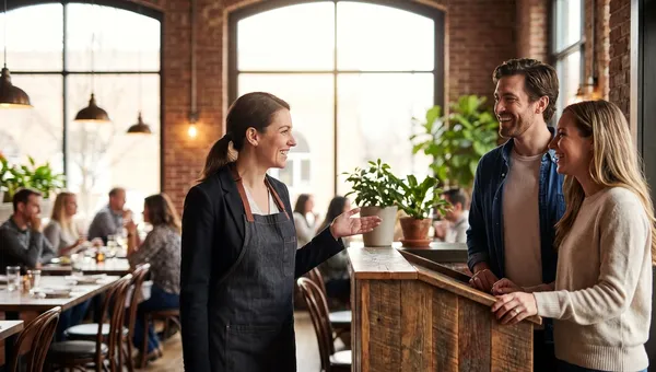 A smiling restaurant manager warmly welcomes two returning guests at the host stand of a warm, upscale bistro.