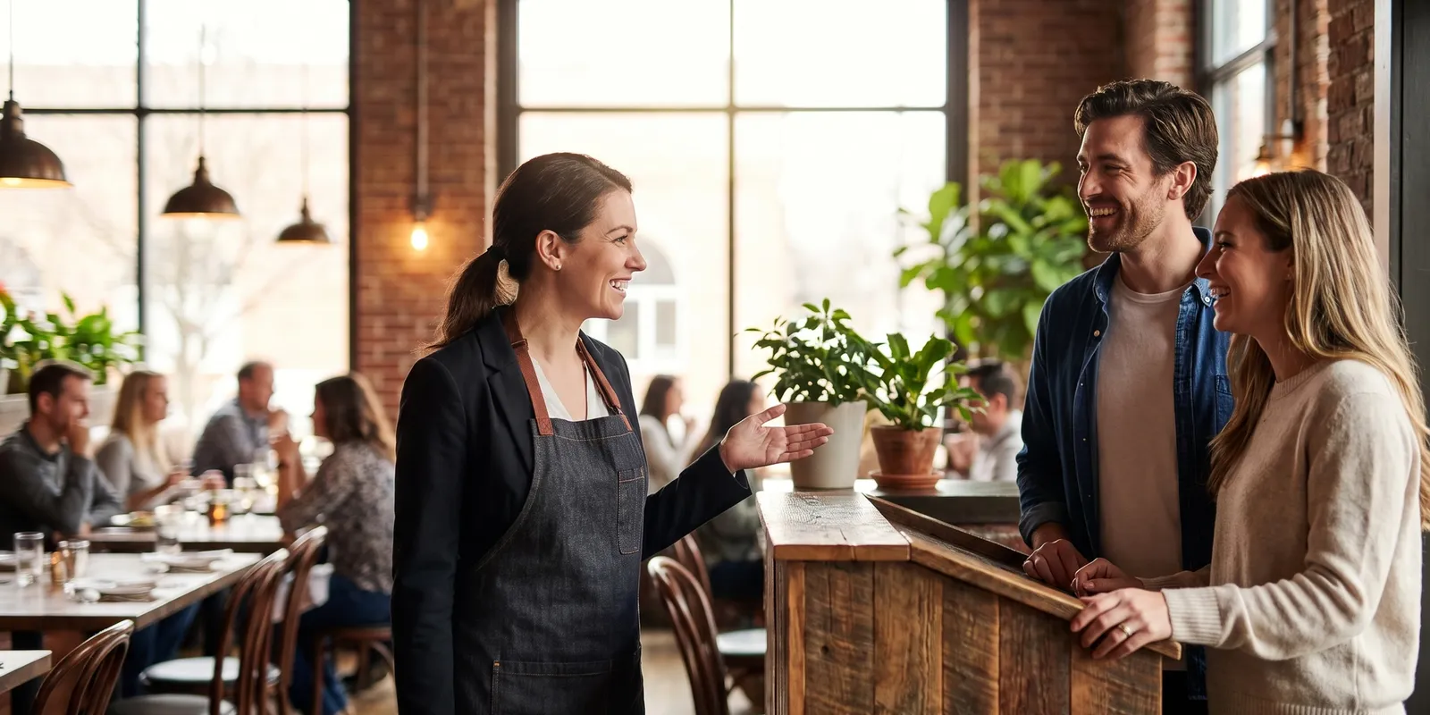 A smiling restaurant manager warmly welcomes two returning guests at the host stand of a warm, upscale bistro.