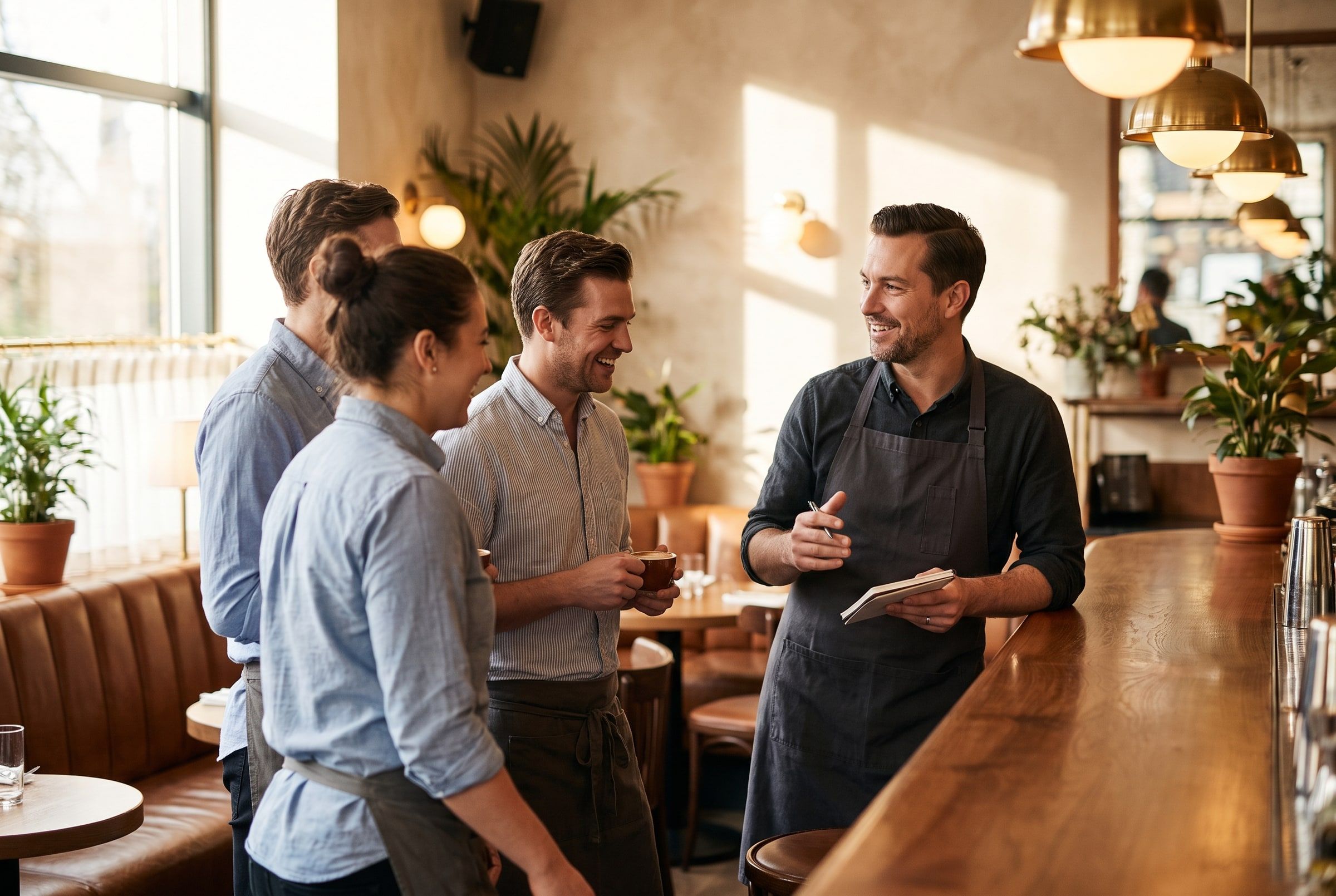Restaurant manager and three servers in a relaxed pre-service team briefing at a warm, sunlit bistro bar
