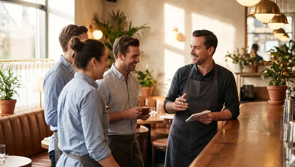 Restaurant manager and three servers in a relaxed pre-service team briefing at a warm, sunlit bistro bar