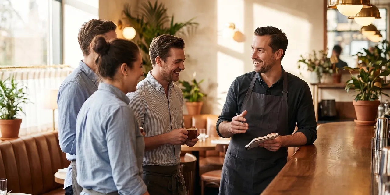 Restaurant manager and three servers in a relaxed pre-service team briefing at a warm, sunlit bistro bar