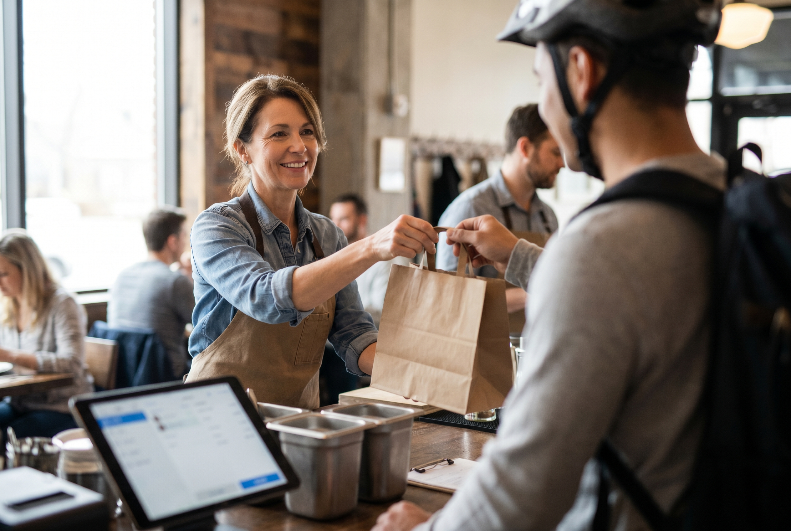 Restaurant owner handing a packed takeaway order to a delivery courier at a bistro pickup counter in warm window light.
