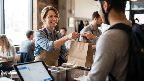 Restaurant owner handing a packed takeaway order to a delivery courier at a bistro pickup counter in warm window light.